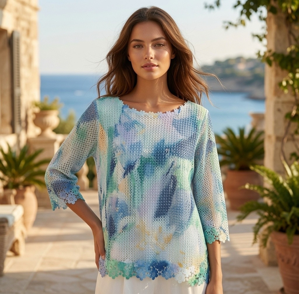 Alfred Dunner Watercolor Floral Crochet Lace Top Womens Sz S 3/4 Sleeve Boho EXC